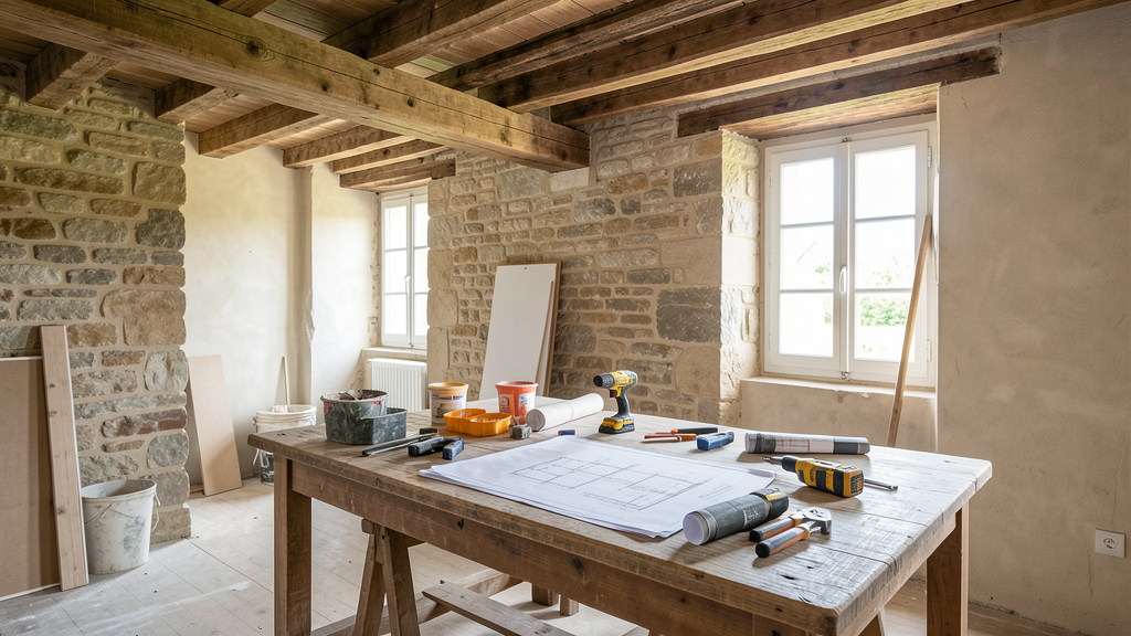Intérieur d'une maison ancienne en rénovation avec plans et outils
