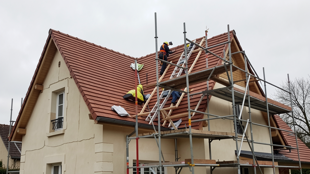 Couvreur rénovant une toiture en tuiles sur une maison